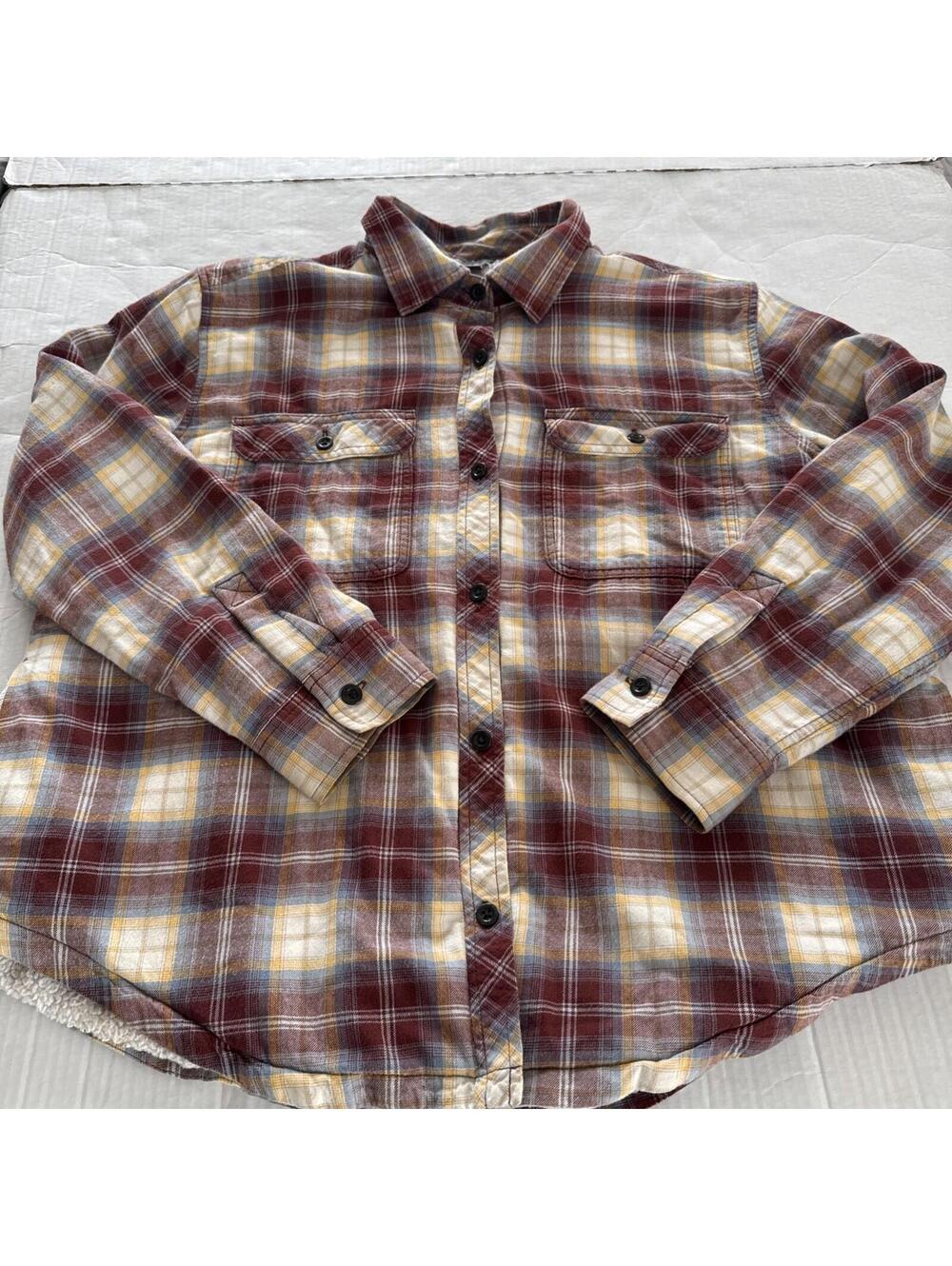 Eddie Bauer Flannel Shirt Jacket Womens Medium Brown Yellow Plaid Sherpa Lined